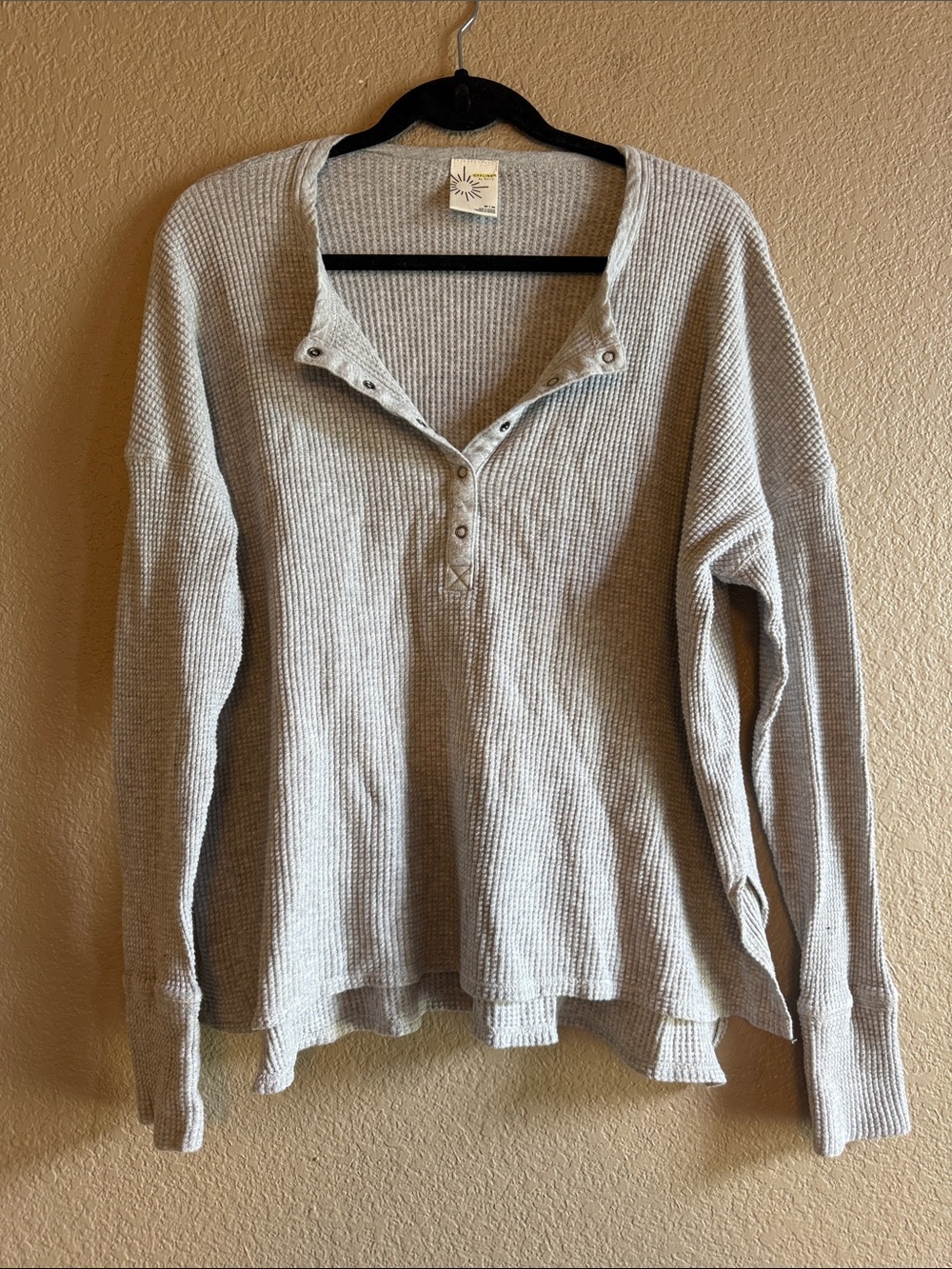 Aerie Waffle-Knit Henley Long Sleeve Top - Light Gray